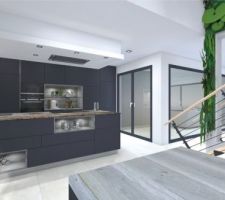 Cuisine : vue 3D depuis la salle-à-manger