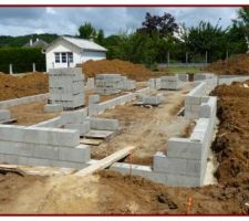 A chaque changement de direction et sur les grandes longueurs des parpaings avec trou seront plac&eacute;s pour r&eacute;aliser les poteaux qui formeront une armature liant les fondations, murs du vide sanitaire et le plancher dalle