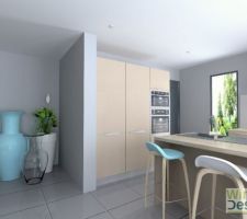 Plan 3D de la cuisine avec cloison tirés jusqu?au meuble
