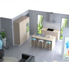Plan 3D général de la cuisine 
La cloison sera tiré jusqu?au meuble