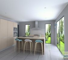 Plan 3D général de la cuisine 
La cloison sera tiré jusqu?au meuble