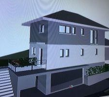 Visuel 3D Maisons OXYGENE via le logiciel Sketch Up
Façade nord avec entrée par la zone de servitude à droite de l'image