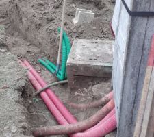 Raccordement des gaines électricité et télécom au regard et bornette.
