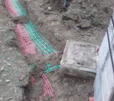 Raccordement des gaines électricité et télécom au regard et bornette : les grillages avertisseurs verts et rouges.