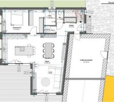 Le plan du rdc
La maison sera construite accolée à une étable ancienne que nous conservons (avec une partie des murs en grès des Vosges), et convertissons en cellier / buanderie