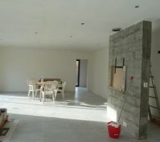 S&eacute;jour enduit. Attente depuis des mois (RRR...) de la pose du parement sur le mur en parpaings, et donc attente de la finition du plafond (seulement un premier passage pon&ccedil;age + rebouchages fait)