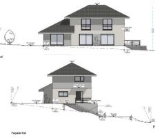 Coupe façade Sud et façade Est
dessin par Maisons Oxygene
Extrait dossier permis de construire