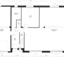 Plan quasi définitif du RDC (l'escalier sera finalement à gauche, ainsi que les toilettes). La poutre sera dans l'angle droit de la chambre.