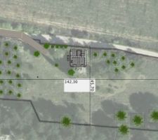 Plan du terrain avec la maison existante. Parcelle en longueur , environ 6000m2  dont une bonne partie légèrement boisée de pins à l'ouest.