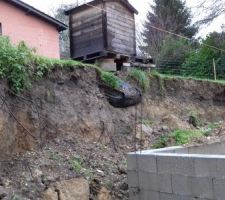 Le manque de protection du talus lors du terrassement mais surtout la grande négligence et le manque de professionnalisme de cette entreprise de maçonnerie a provoqué un glissement de terrain sur un des murs du sous-sol.