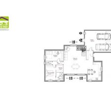 Plan du rez de chaussée avec quelques modifications minime apportées comme par exemple un cellier buanderie fermé tout le fond du garage et une cuisine fermé par une verrière