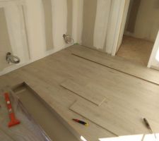 Cloisons et menuiseries intérieures posées, gaines tirées et parquet en cours de pose