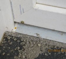 D&eacute;bord de la chape par le trou entre la dalle et la pierre de seuil qui est install&eacute;e trop en d&eacute;bord...