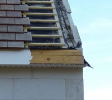 Reprises des rampants le 14/02/2019, sachant que le placo et l'isolation &agrave; l'int&eacute;rieur de la maison sont faites. Ils ont du coup&eacute; les tasseaux soutenant les tuiles, couper l'&eacute;cran sous-toiture et ils sont all&eacute;s ajout&eacute; des ferraillages alors qu'il n'y avait pas les ferraillages auxquels ils auraient du les accrocher... du n'importe quoi... et cela fait 4 semaines que notre toit est comme &ccedil;a.