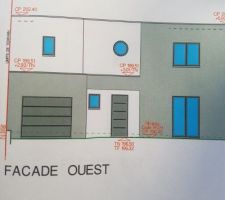Façade  ouest avec la modification que noud avons demandé  cest a dire créer  une protection de la porte d'entrée sous forme de Porsche   en continuité  du garage
