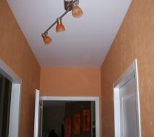 Le papier peint du couloir et le luminaire.