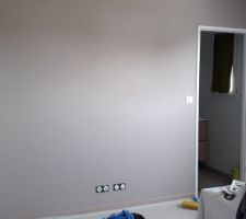 Peinture couleur "gazelle" (taupe) dans la chambre parentale sur 1 pan de mur