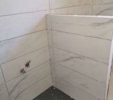 Hello tout le monde
Voici la salle de bain de la suite parentale nous avons choisi une faïence effet marbre avec un sol noir.
Nous mettrons une verrière noire ainsi qu'un sèche serviette noir.