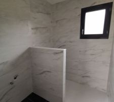 Bonjour tout le monde
La fa&iuml;ence est termin&eacute;e :)
Voici la photo pour la salle de bain de la suite parentale. 
Carreaux effet marbre.