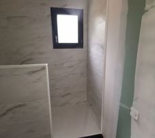 Bonjour tout le monde
La fa&iuml;ence est termin&eacute;e :)
Voici la photo pour la salle de bain de la suite parentale. 
Carreaux effet marbre.