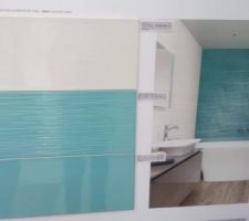 Faïence de la salle de bain, le bleu lisse sur le tablier et au-dessus de la baignoire, blanc sur les côtés de la baignoire