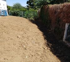 Le terrassier a essayé de faire  une pente douce en remettant pour retrouver  le terrain naturel à 1m des voisins, au besoin je mettrais un drain ...