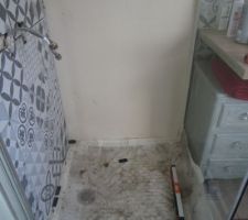 Début de la pose du carrelage dans la douche, avec découpes pour la robinetterie.