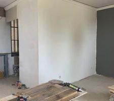 Cloison dans la chambre pour le dressing avec pose d une corniche et éclairage led