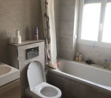 Salle de bain : Bon il y a encore un rideau de douche car c'est plus pratique pour faire le bain aux enfants. Trop dangereux une paroie de douche à leur age.