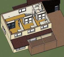 Plan de maison étage avec vue sur les avancées de toit pour se protéger du soleil en été