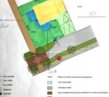 Plant vue d'ensemble

Orange (maison+garage)
Bleu Terrasse ( elle sera positionné devant ou sur le coter, emplacement à définir )
Vert foncé ( Jardin ) 
Vert clair ( emplacement voiture )
Gris ( la route du lotissement ) 
Marron ( chemin piétonnier )