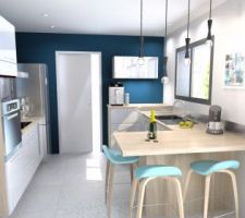 Changement de couleur pour la cuisine et rajout d'un meuble en hauteur. Hésitation sur le contour bois sur la colonne four ou blanc.
Nous nous questionnons toujours sur la couleur définitif.
