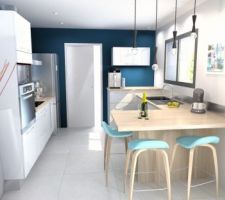 Changement de couleur pour la cuisine et rajout d'un meuble en hauteur. Hésitation sur le contour bois sur la colonne four ou blanc.