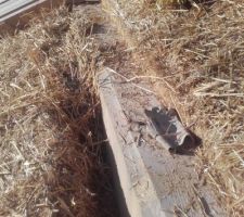 Vide à combler, finalement en bourrant de la paille en vrac (plutôt que mettre un rangée de moins, et les bottes coupées contre la panne, et des bottes recoupées à la longueur entre)