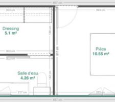 Plan chambre parentale retravaillée pour agrandir l'espace coucher.