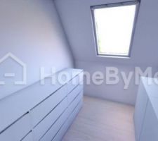 Vu projet pour notre dressing attenant à la chambre. Manque les tringles. Ne peuvent être représentées sur le logiciel. Il y en aura une tout le long du mur du fond. Niveau sous velux. Et au dessus des premières commodes.