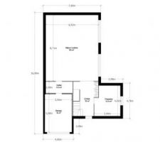 Première ébauche du Plan du rdc pour un R+Combles
Le Nord est en bas de l'image, coté garage.
L'entrée est constituée d'un WC et de l'escalier puis d'un bureau. Une buanderie sera dans le prolongement du garage. Ensuite une grande pièce de vie avec cuisine accolée à la buanderie, une table à manger et au fond, le salon qui sera en séjour cathédrale avec cheminée et baie vitrée de grande hauteur. Il manque une ou deux ouvertures à mon gout...