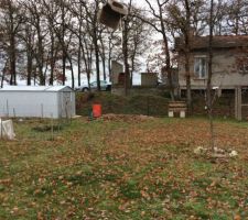 Donc voici l'endroit ou le garage va se faire , entre l'abri de jardin (qui va changer de position ) et le poulailler !