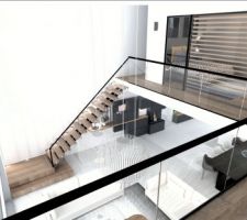 Retour d?aménagement du salon vide séjour en 3 d
Plans escalier, mobilier choix des luminaires ( flos et arkos)