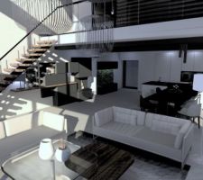 Retour d?aménagement du salon vide séjour en 3 d
Plans escalier, mobilier choix des luminaires ( flos et arkos)