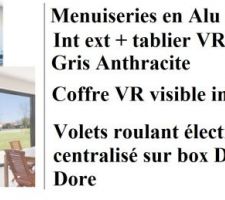 Menuiserie et volet roulant "Gris Anthracite" int ext.
Coffre apparent intérieur "Blanc"

Motorisé et centralisé Delta Dore