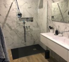 Toujours notre salle de bain 
douche avec toute la tuyauterie encastrée et déportée
et toujours le miroir avec éclairage intégré