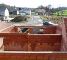 Vue de la mezzanine : futurs voisin et Tintine ! Tiens c'est marrant, les gens qui ont déposé leur permis de construire 3 mois après nous ont déjà leur façade... comme c'est étrange.... serions nous COMPLETEMENT à la ramasse et à la bourre dans le planning ????