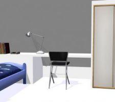 Une chambre d'enfant. L'idée est ici aussi de n'avoir aucun meuble. On construira donc une tête de lit-table de chevet comme pour la chambre des parents, sauf celle-ci se prolongera en bureau puis en placard.
De l'autre côté de la pièce, il y aura des placards sous pente.
