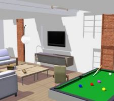 Salon et billard.
Les quadrillages moches sur le mur, c'est l'ombre de la passerelle que le logiciel m'a collée là...
Au fond à gauche, on voit les fenêtres qui donnent sur le bureau. On mettra des fenêtre type "atelier d'usine".