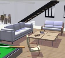 Le salon
Ne faites pas attention au mobilier, c'est vraiment à titre indicatif...
J'aime beaucoup le style scandinave, et j'aimerais que le salon soit dans cet esprit à la fois épuré, design, et chaleureux (j'aime beaucoup les meubles de "cocktail scandinave", ampm, bleu nature...).
Mais Yvan n'est pas d'accord avec toutes mes idées déco.
Au sol, j'aurais aimé du carrelage partout, sauf pour le coin salon justement : mon idée était de délimiter le coin salon avec du parquet, en le séparant du carrelage avec des baguettes métalliques qui feraient le lien (comme sur la photo).
Mais Yvan me dit que ce sera compliqué de trouver un carrelage et un parquet qui fassent la même épaisseur... Du coup, on se retrouverait avec un décalage de niveau, ce qui serait moche et casse-gueule.
Bref, rendez-vous dans 2 ans pour voir les compromis qu'on aura trouvés, tant pour la déco que pour les revêtements ! En attendant, vos avis sont les bienvenus