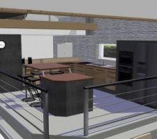 On voit mieux ici la deuxième marche qui vient jusqu'au mur et qui pourra servir de banc.
Le modèle choisi pour la cuisine est le modèle Wooden de Cuisinella, avec un plan de travail aspect métal rouillé.
A droite, le réfrigérateur, le four et le micro-ondes sont intégrés dans un bâti.
Au mur, on envisage de mettre un parement de brique blanche (et non grise, comme l'a fait sortir le logiciel), ce qui je pense, rappellera le côté "indus".