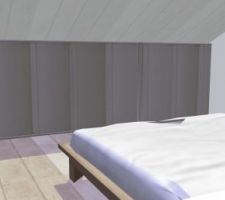 Au fond de la chambre sous la pente, on mettra des placards à porte coulissantes pour ranger les couettes, draps, etc... Les vêtements seront rangés dans le dressing.
L'inclinaison du toit n'est surement pas la bonne, j'ai fait au pif... En réalité, il y aura plus de surface en loi Carrez.