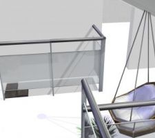 La mezzanine. Au fond, derrière la sortie de l'escalier, on voit l'ouverture qui va à la bibliothèque.
Au départ, on voulait faire le bureau ici, mais avec les 3 accès (escalier, passerelle et bibliothèque) et la sous-pente, ça risque d'être un peu ric-rac pour installer un bureau.
Du coup, j'ai eu l'idée d'en faire un coin zen, avec des plantes, une chaise suspendue... Juste à côté de la bibliothèque et sous la verrière, ce serait un coin sympa pour lire.
mais si vous avez d'autres idées pour aménager cette mezzanine, nous sommes preneurs !
