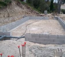 Les évacuations d'eaux usées/vannes, le tuyau d'alimentation en eau, les gaines électriques sont en place (le plombier est venu pendant le confinement)